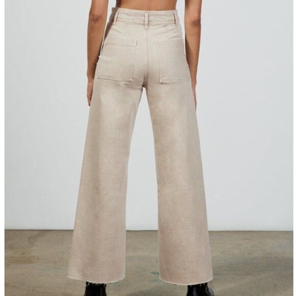 ZARA The Marine Straight Wide Leg Jean Beige High Rise Frayed Hem Women's 4 - Picture 4 of 11